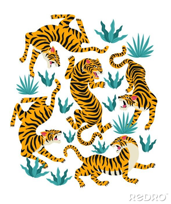 Behang Vector set van tijgers en tropische bladeren. Trendy illustratie.