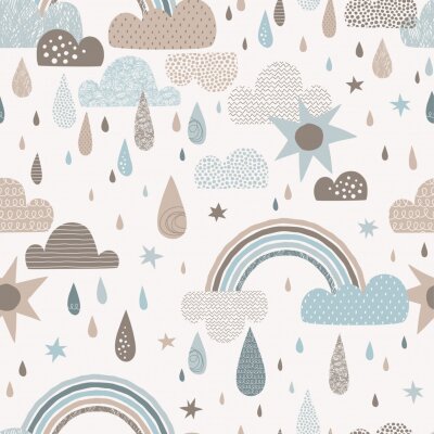 Behang Vector sky seamless pattern with clouds, rain drops, rainbow, sun. Cute doodle decorative scandinavian print for textile, fabric, apparel gender-neutral kid nursery design