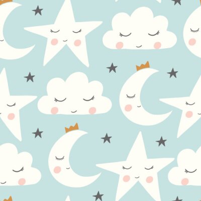 Behang vector slaperige maan, wolk, ster in blauwe naadloze herhalingspatroonachtergrond