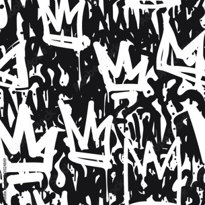Behang Vector tags seamless pattern. Fashion black and white graffiti hand drawing design texture in hip hop street art style for t-shirt skateboard textile