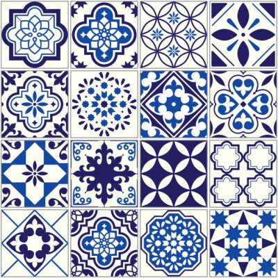 Vector tegel patroon, Lissabon bloemen mozaïek, Mediterrane naadloze marine blauw ornament