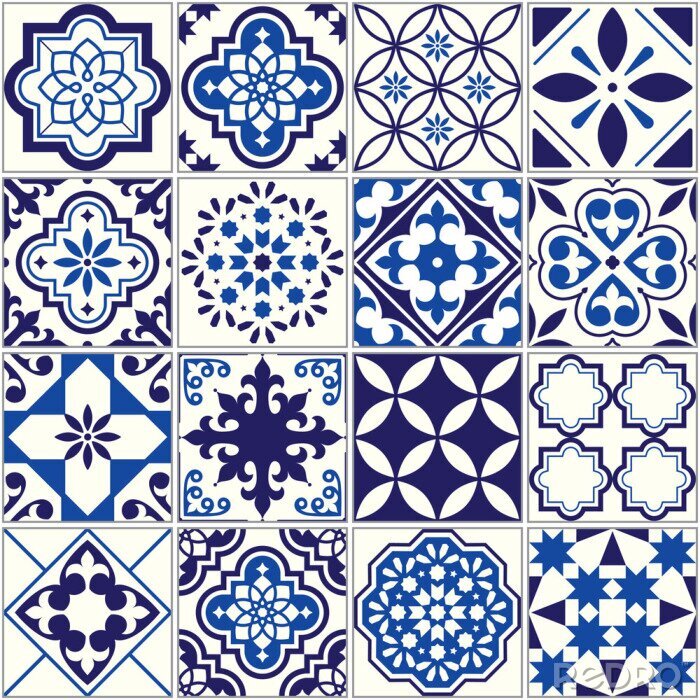 Behang Vector tegel patroon, Lissabon bloemen mozaïek, Mediterrane naadloze marine blauw ornament