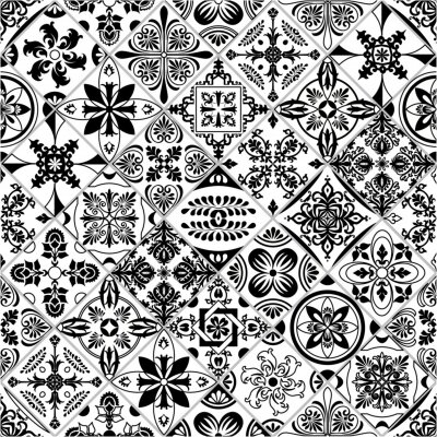 Behang Vector tile pattern, Lisbon floral mosaic, Mediterranean black and white ornament