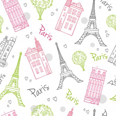 Behang Vector Travel Romantic Paris Streets Naadloos Patroon met Eifel Tower, huizen, bomen en harten.