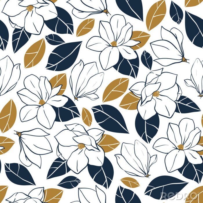Behang Vector trendy naadloze patroon met botanische elementen. Magnolia bloemen, knoppen en bladeren in diepblauw en mosterd kleuren.