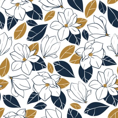 Behang Vector trendy naadloze patroon met botanische elementen. Magnolia bloemen, knoppen en bladeren in diepblauw en mosterd kleuren.