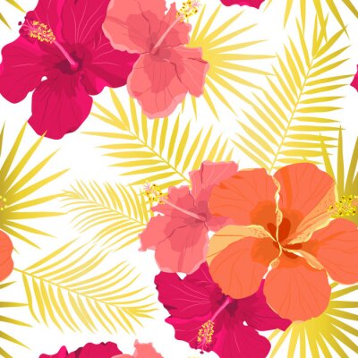 Behang Vector tropical pattern with hibiscus flowers and tropical leaves. Floral background design for cosmetics, spa and textile.