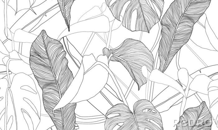 Behang Vector tropical seamless pattern. Exotic plants isolated on white background. Hand drawn textile print.