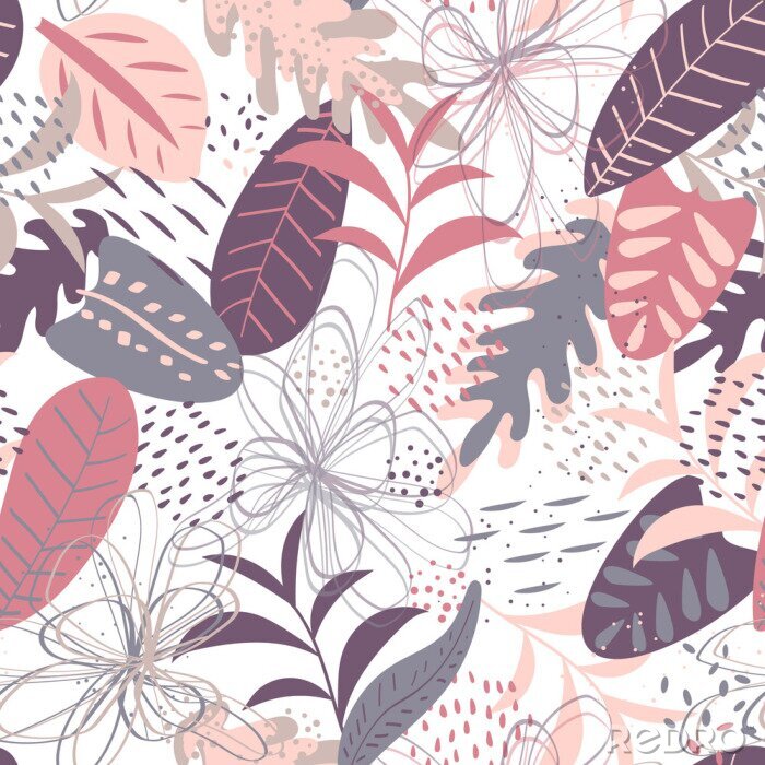 Behang Vector tropical seamless pattern in pastel pink and lilac colors. Elegant tropical background. Seamless texture with floral ornament for fabric, wallpaper, cover and more