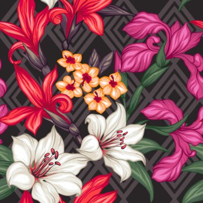 Vector tropische bladeren en bloemen naadloos patroon. Hand geschilderde afbeelding op geometrische achtergrond