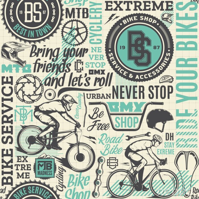 Behang Vector typographic bicycle seamless pattern or background in black, teal and beige colors. Bike shop, service, mountain and road biking icons and design pieces