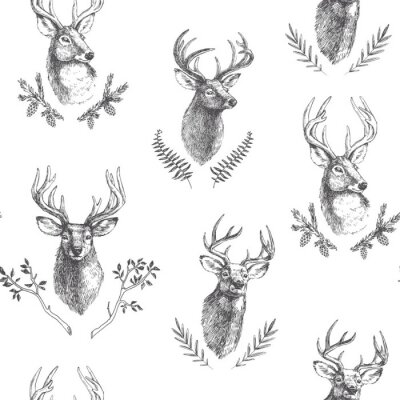 Vector uitstekend naadloos patroon met deers hoofden in bloemenkaders. Hand getrokken textuur met dierlijke portretten en botanische details in gravurestijl. Bosachtergrond met natuurlijke elementen