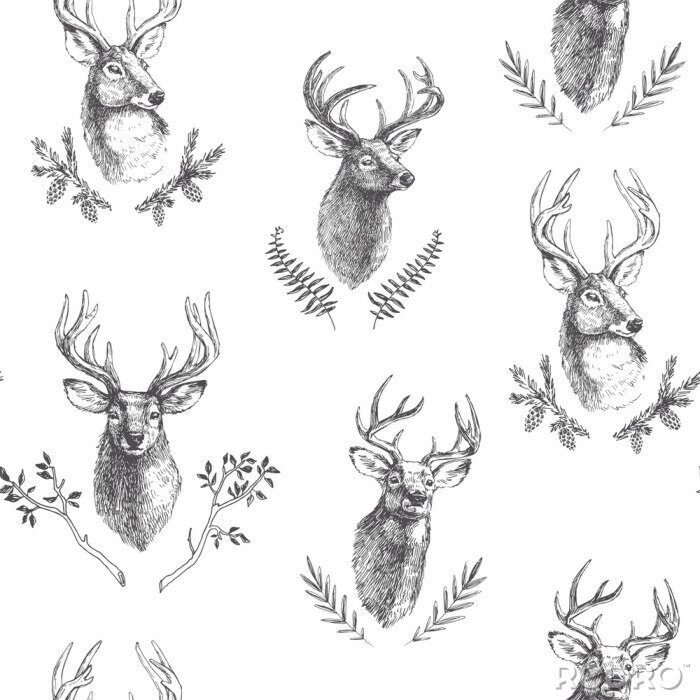 Behang Vector uitstekend naadloos patroon met deers hoofden in bloemenkaders. Hand getrokken textuur met dierlijke portretten en botanische details in gravurestijl. Bosachtergrond met natuurlijke elementen