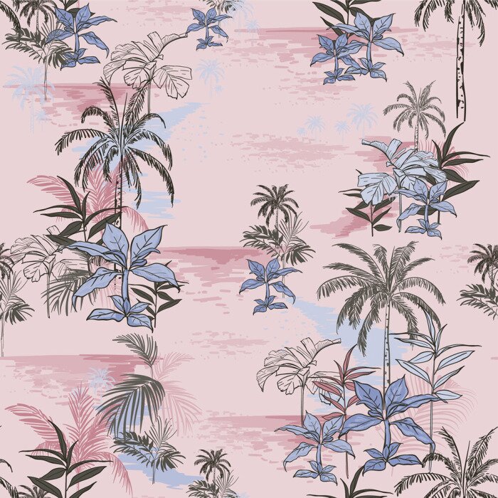 Behang Vector van hawaiian tropische print Island naadloze patroon afdrukken voor zomer vibes met bladeren, bomen, planten ,, zomerbloemen