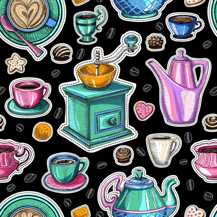 Behang Vector van het koffie de naadloze patroon, het verpakkende ontwerp van de koffiewinkel, schetsstijl. Koffie, desserts, thee, ontbijt, gebak, donut. mok, beker, koffiemolen. Hand getrokken vector.