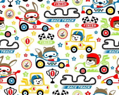 Behang Vector van naadloos patroon met autorennenbeeldverhaal