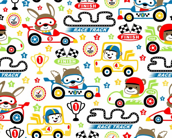 Behang Vector van naadloos patroon met autorennenbeeldverhaal