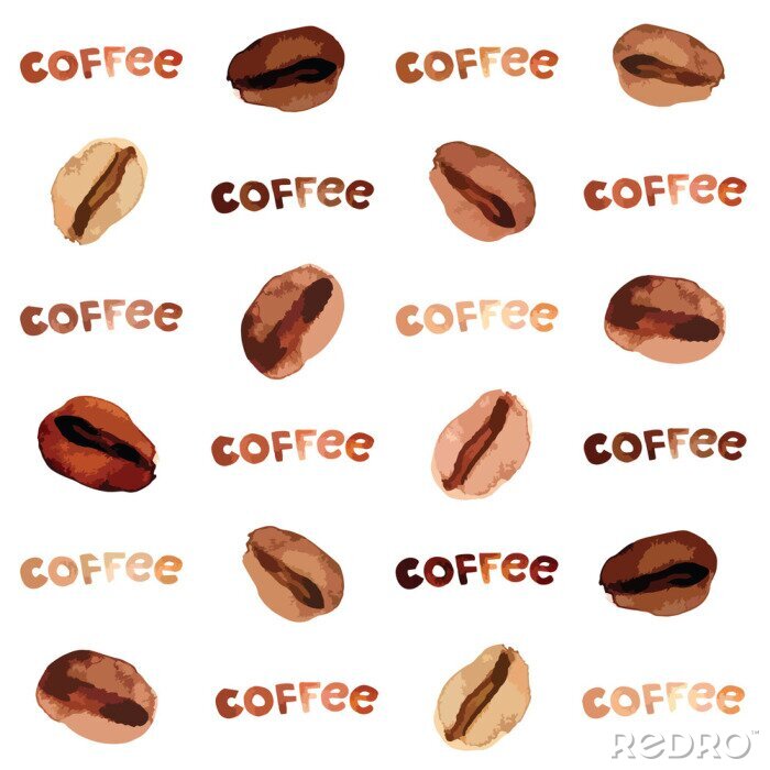 Behang Vector watercolor illustrated and painted brown coffee beans and lettering pattern set