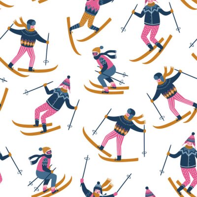 Behang Vector winter illustratie van skiërs. Sportieve kinderen in het skigebied. Trendy Scandinavisch ontwerp. Naadloos patroon op de witte achtergrond.