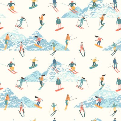 Vectorillustratie van skiërs en snowboarders. Naadloos patroon.