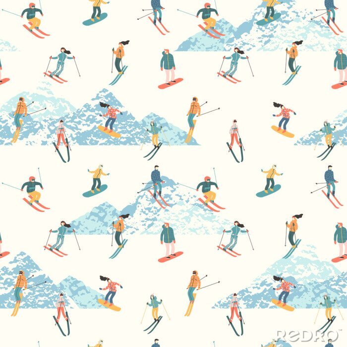 Behang Vectorillustratie van skiërs en snowboarders. Naadloos patroon.