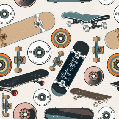 Behang Vectorpatroon met skateboards in uitstekende hipsterstijl