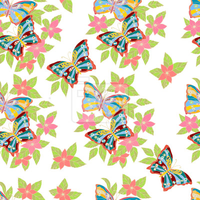 Behang Veelkleurige vlinders op bloemen