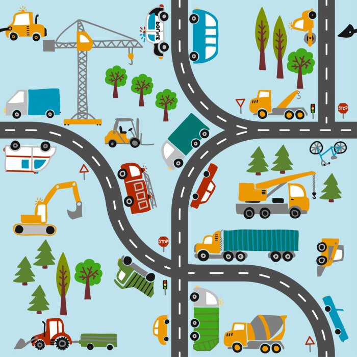 Behang Vehicle pattern design with several machines - funny hand drawn doodle, seamless pattern. Lettering poster or t-shirt textile graphic design. / wallpaper, wrapping paper, background.