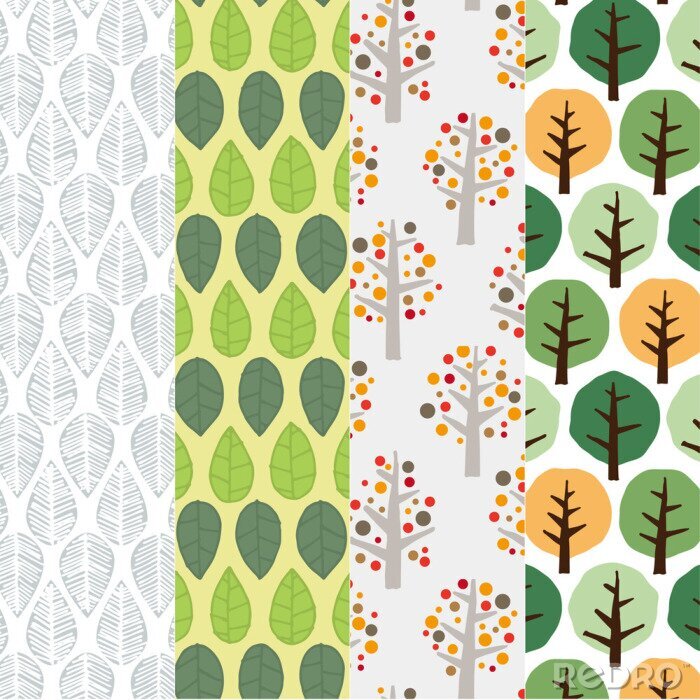 Behang Verscheidenheid aan bomen en bladeren in patchworkstijl