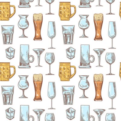 Behang Verschillende drinken drank glazen naadloze patroon. Stemware Hand getrokken achtergrond. Vector illustratie