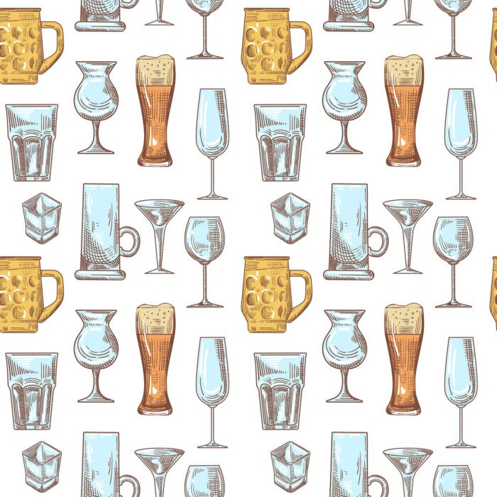 Behang Verschillende drinken drank glazen naadloze patroon. Stemware Hand getrokken achtergrond. Vector illustratie