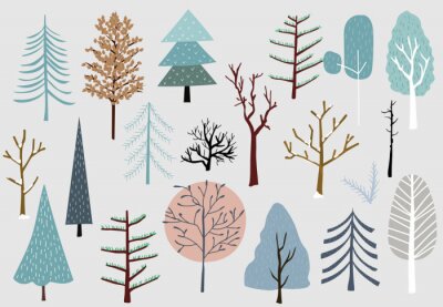 Behang Verschillende soorten Scandinavische bomen op een grijze achtergrond