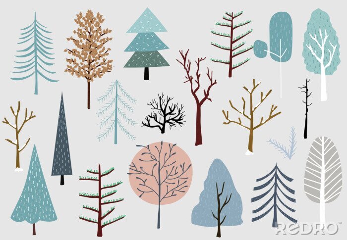 Behang Verschillende soorten Scandinavische bomen op een grijze achtergrond