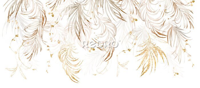 Behang Versierd met beige gras en palmbladeren