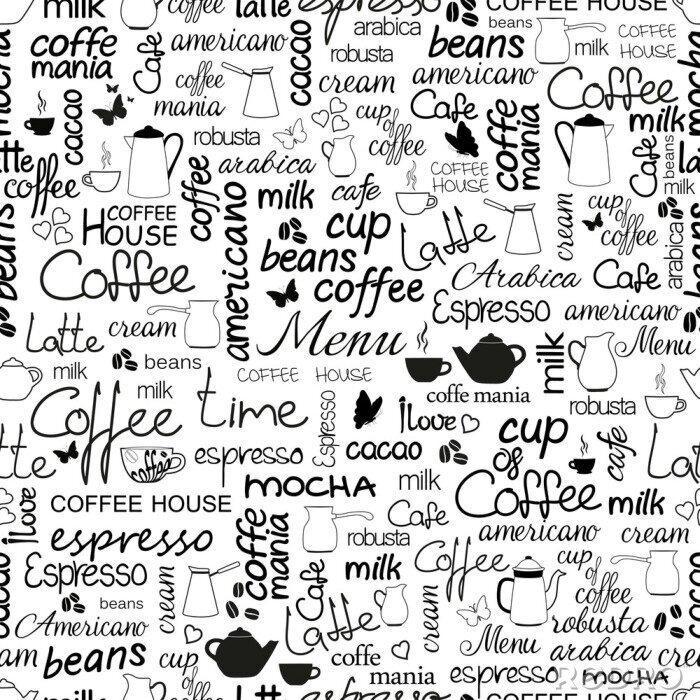 Behang Verzameling van handgetekende letters van koffie. Zwart-wit naadloos patroon.