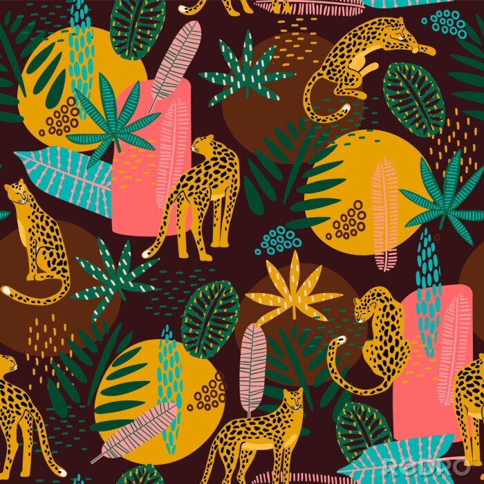 Behang Vestor naadloos patroon met luipaarden en abstracte tropische bladeren.
