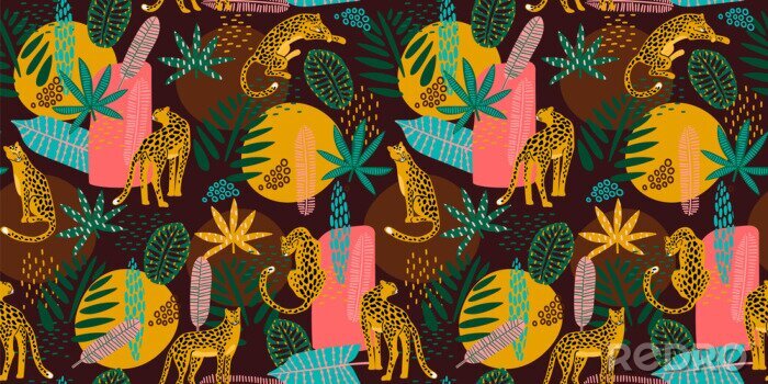 Behang Vestor naadloos patroon met luipaarden en tropische bladeren.