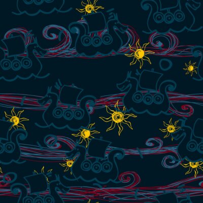 Behang Viking ship pattern seamless hand drawn design