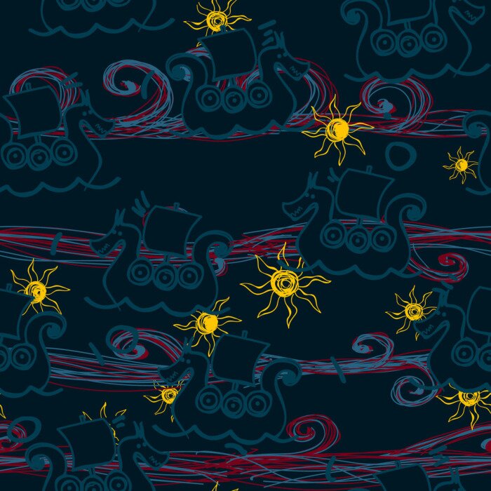 Behang Viking ship pattern seamless hand drawn design