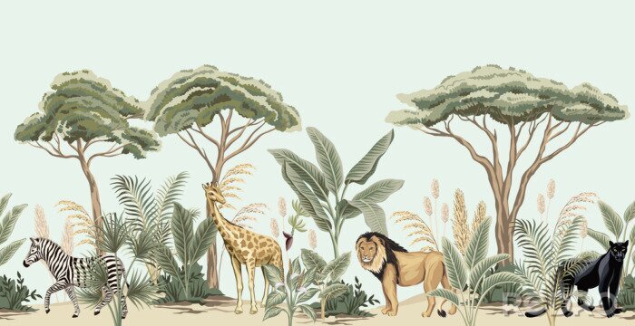 Behang Vintage african tree, banana tree, plant, lion, giraffe, zebra, panther animal floral border blue background. Exotic safari wallpaper.