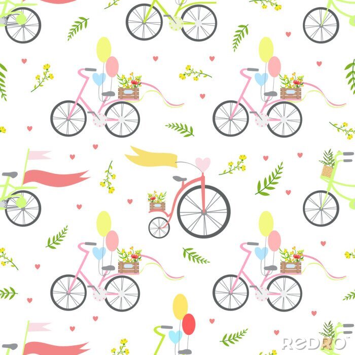 Behang Vintage Bikes with Flowers and Balloons Seamless Pattern Vector Illustration