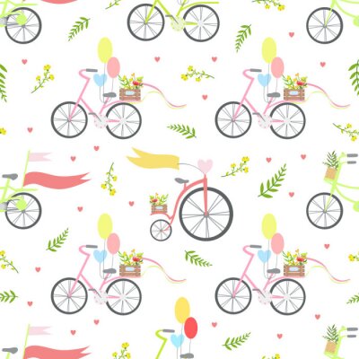 Behang Vintage Bikes with Flowers and Balloons Seamless Pattern Vector Illustration