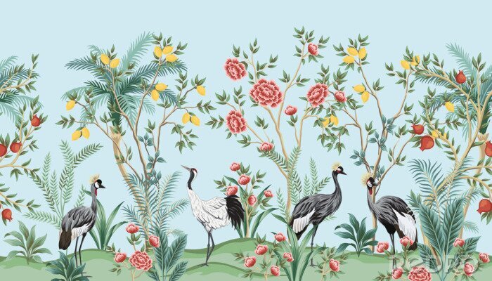 Behang Vintage chinoiserie floral palm tree, fruit tree, plant, crane bird, red roses seamless border blue background. Exotic oriental wallpaper.
