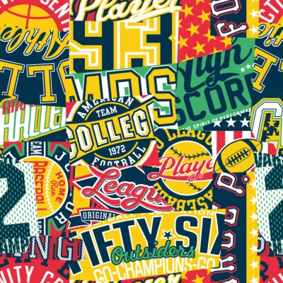 Behang Vintage college sporting labels patchwork  abstract vector seamless pattern