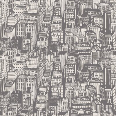 Vintage design krantenpapier hand getrokken naadloze patroon met grote stad. Vector illustratie met NYC architectuur, wolkenkrabbers, megapolis, gebouwen, de stad.