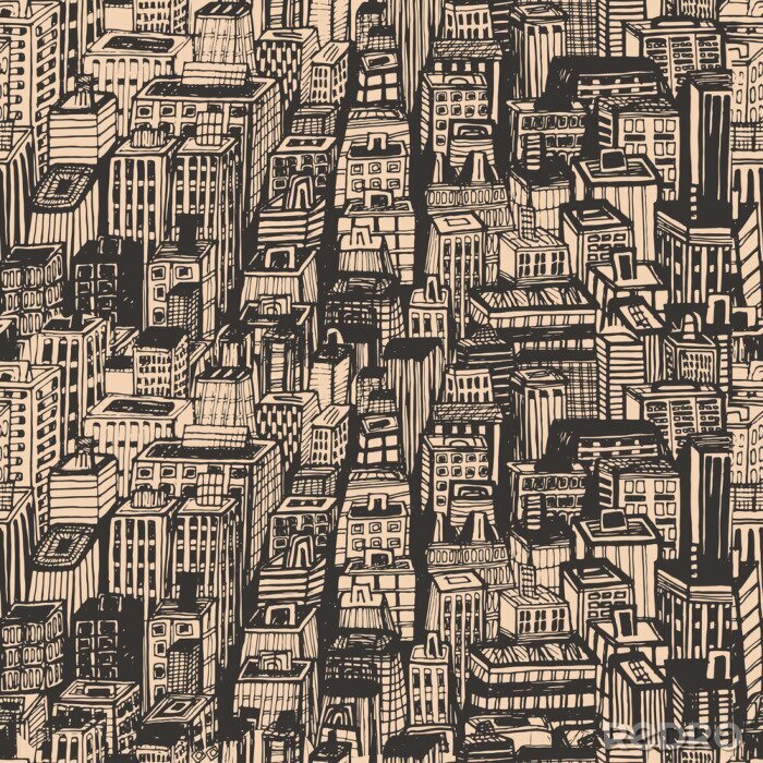 Behang Vintage design krantenpapier hand getrokken naadloze patroon met grote stad. Vector illustratie met NYC architectuur, wolkenkrabbers, megapolis, gebouwen, de stad.