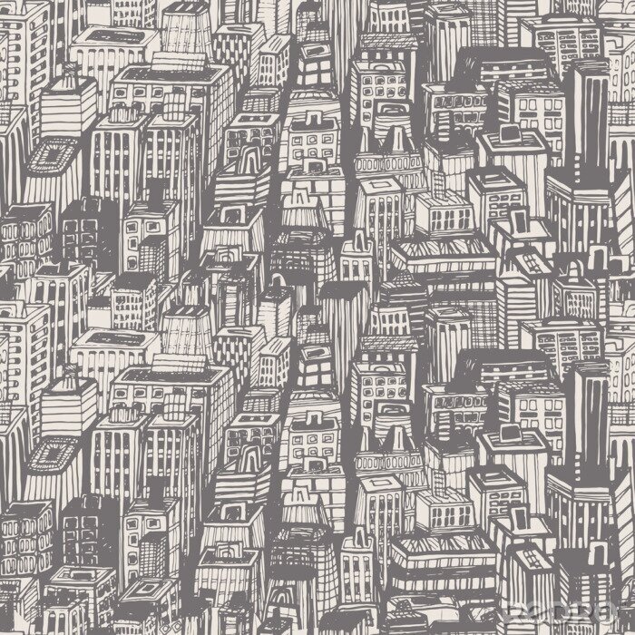 Behang Vintage design krantenpapier hand getrokken naadloze patroon met grote stad. Vector illustratie met NYC architectuur, wolkenkrabbers, megapolis, gebouwen, de stad.