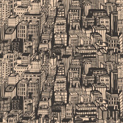 Behang Vintage design krantenpapier hand getrokken naadloze patroon met grote stad. Vector illustratie met NYC architectuur, wolkenkrabbers, megapolis, gebouwen, de stad.