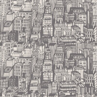 Behang Vintage design krantenpapier hand getrokken naadloze patroon met grote stad. Vector illustratie met NYC architectuur, wolkenkrabbers, megapolis, gebouwen, de stad.