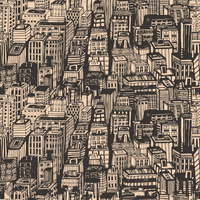 Behang Vintage design krantenpapier hand getrokken naadloze patroon met grote stad. Vector illustratie met NYC architectuur, wolkenkrabbers, megapolis, gebouwen, de stad.